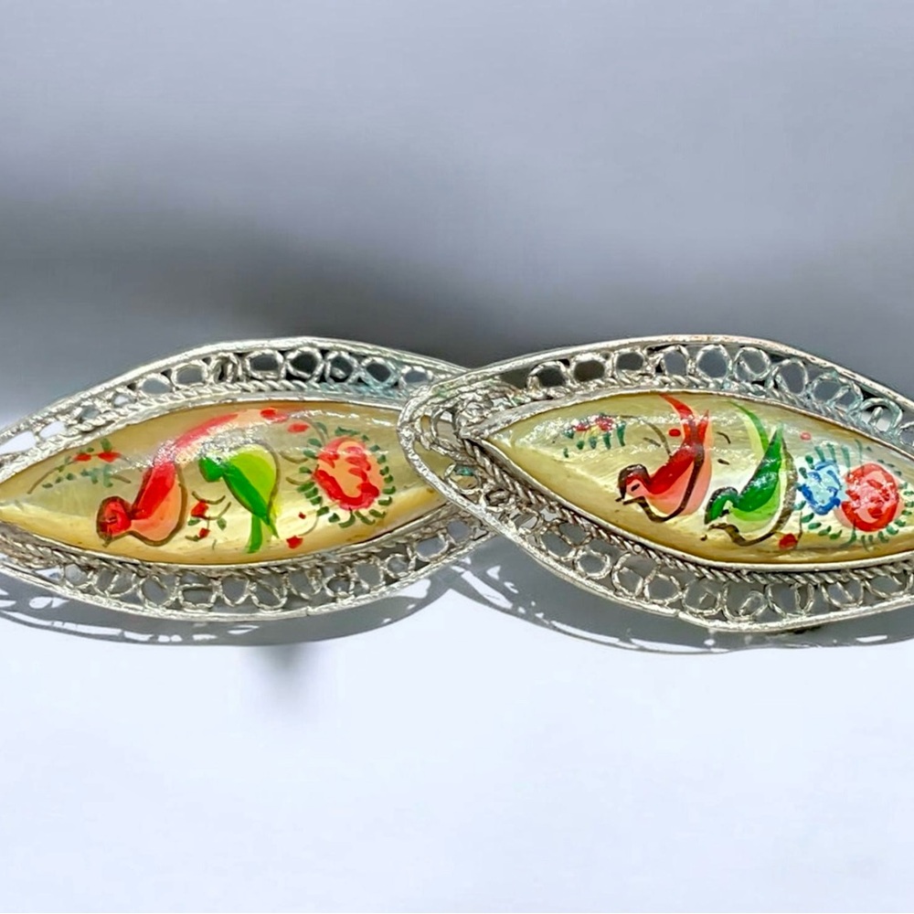 🌺 Antique Persian Hand-Painted Mother of Pearl Necklace & Earrings - Picture 13 of 15